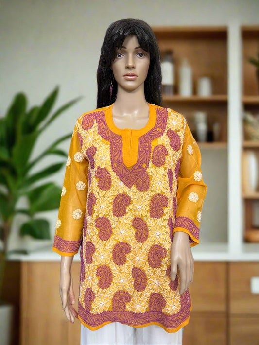 Lucknowi Chikankari Yellow Georgette Short Kurti-T30005
