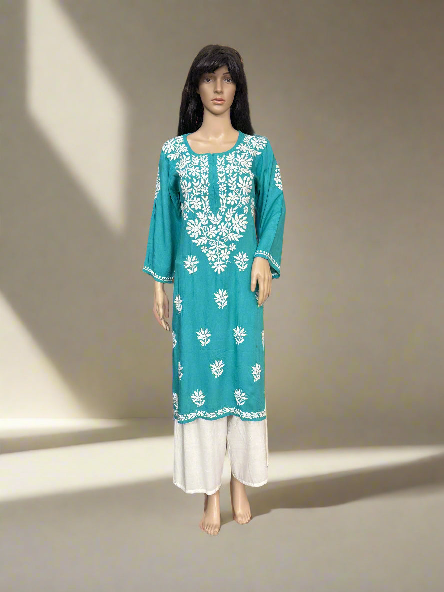Lucknowi Chikankari Green Rayon Kurti-K000165