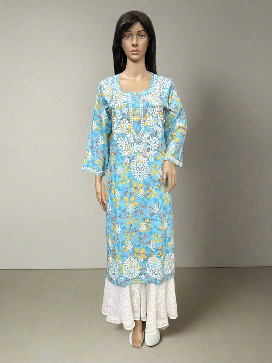Lucknowi Chikankari Blue Printed Cotton Kurti-K000176