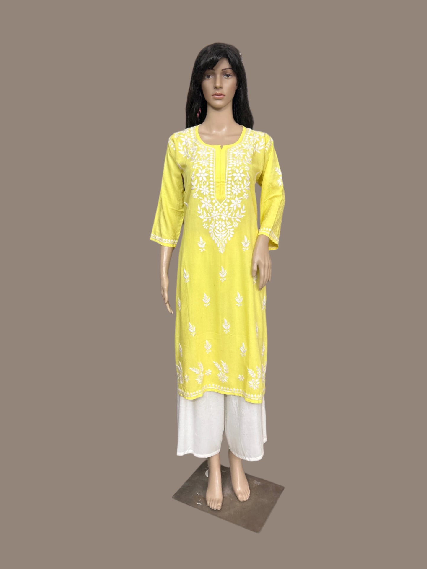Lucknowi Chikankari Yellow Rayon Kurti-K000156