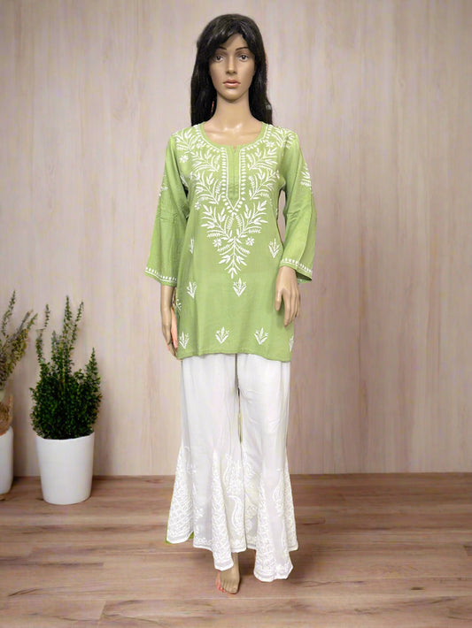 Lucknowi Chikankari Green Rayon Short Kurti-T000071
