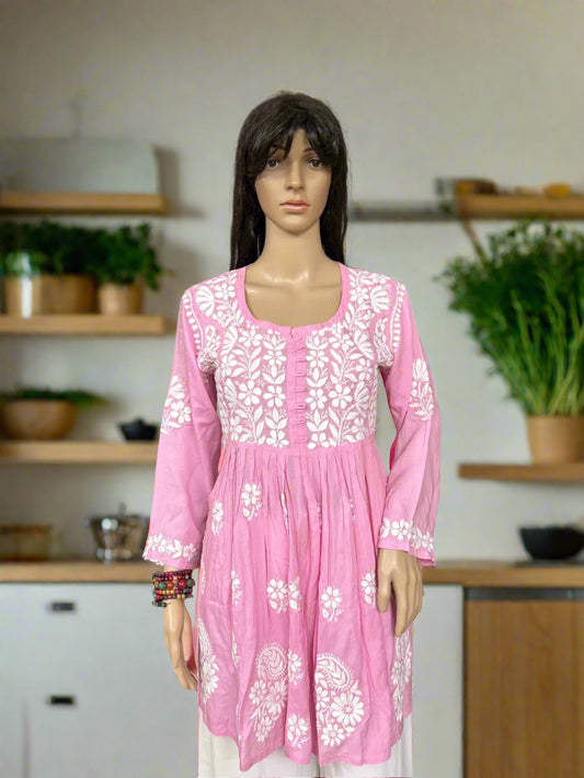 Lucknowi Chikankari Pink Modal Short Kurti-T000038