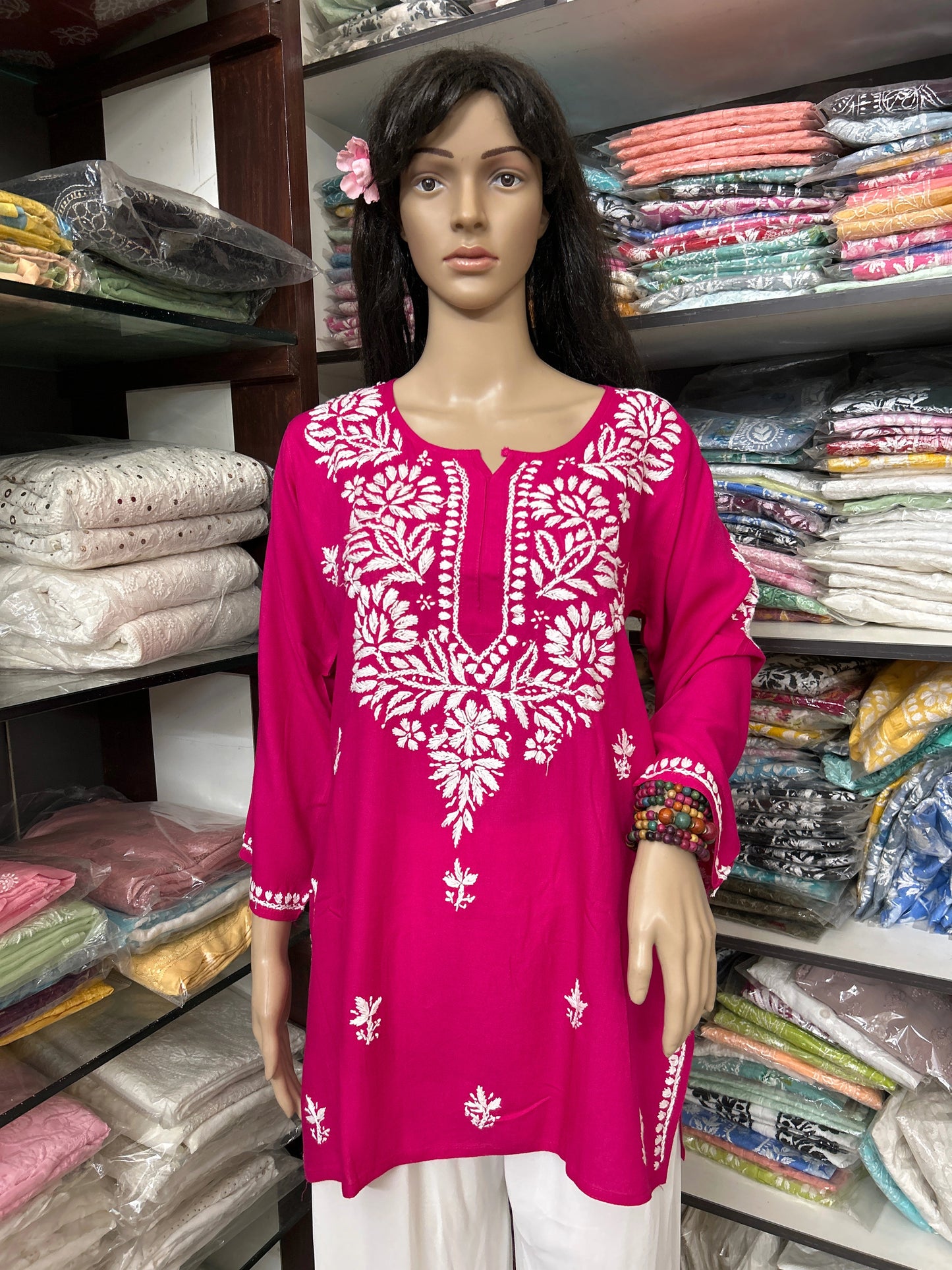 Lucknowi Chikankari Magenta 'Shagufta' Rayon Short Kurti-T000059