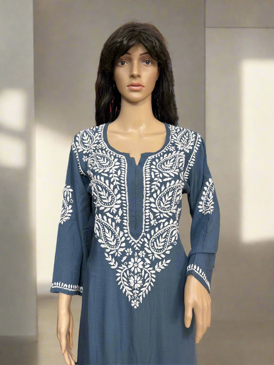 Lucknowi Chikankari Grey Rayon Kurti-K000167