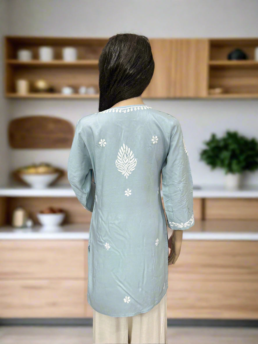 Lucknowi Chikankari Grey Modal Short Kurti-T000049