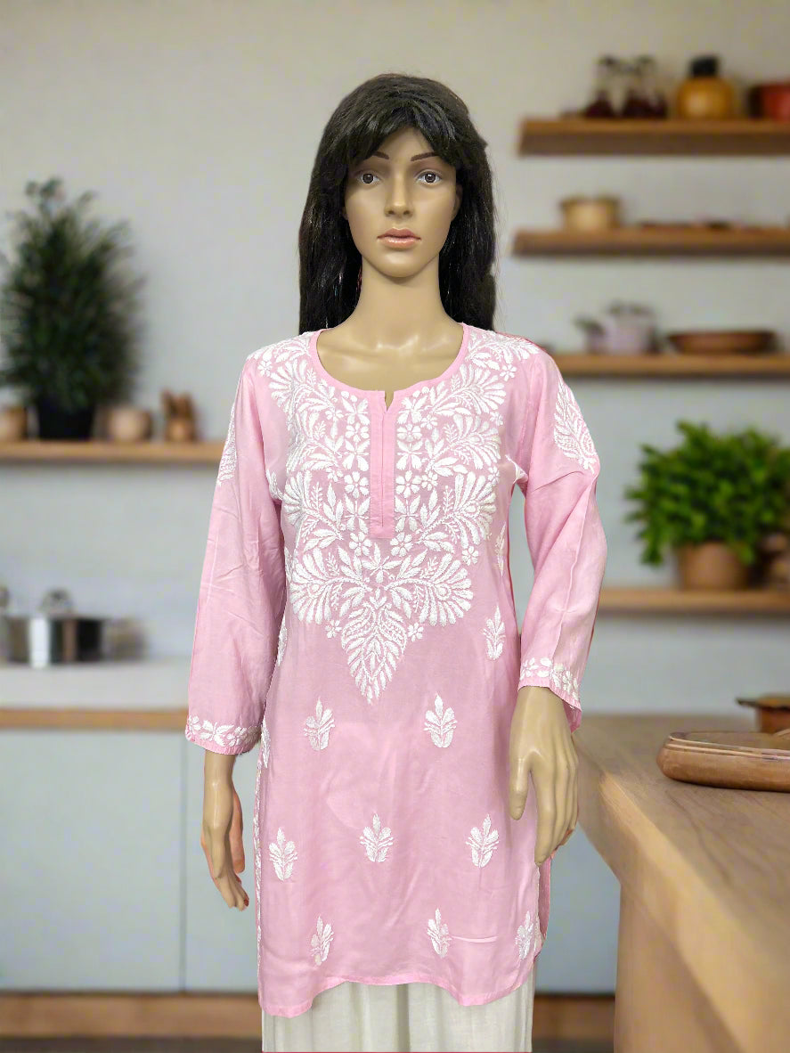 Lucknowi Chikankari Pink Modal Short Kurti-T000050