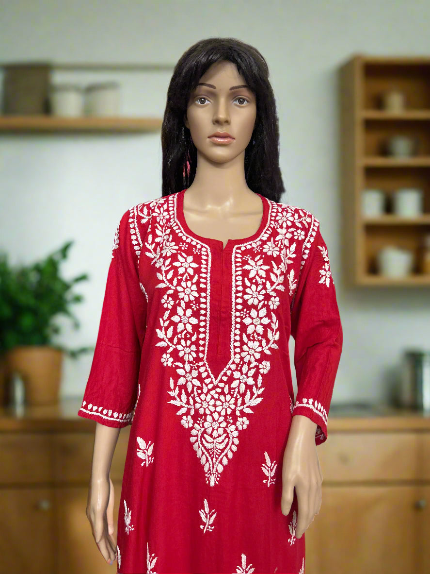 Lucknowi Chikankari Red Rayon Kurti-K000155