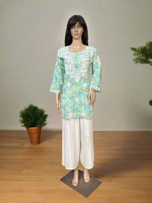 Lucknowi Chikankari Green 'Bahar' Printed Cotton Short Kurti-K000042