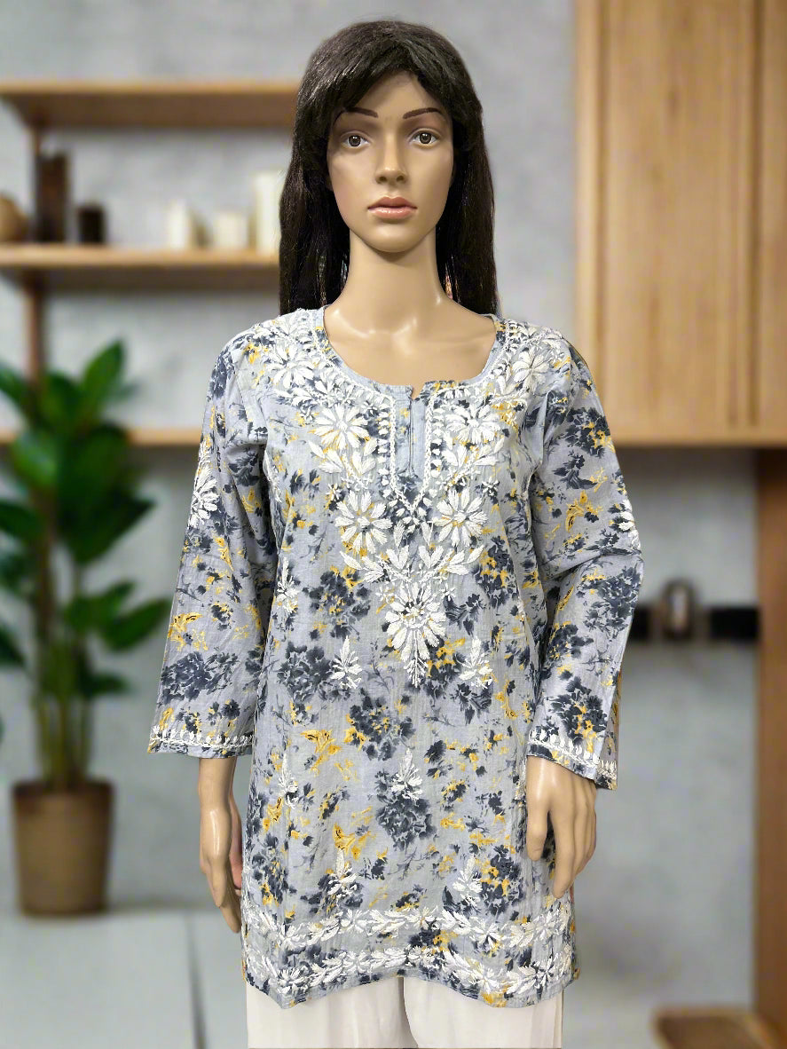 Lucknowi Chikankari Grey Printed Cotton Short Kurti-T000082