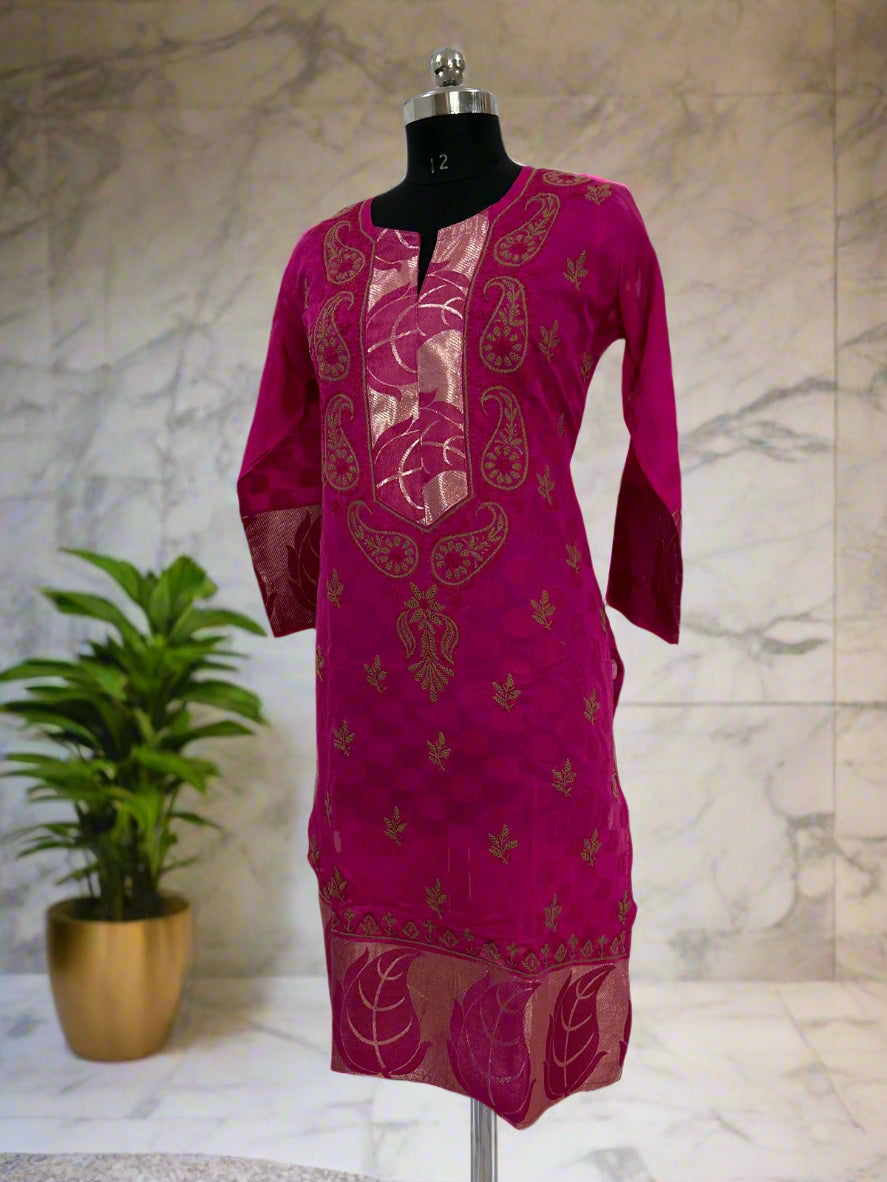 Lucknowi Chikankari Magenta Chanderi Kurti-PE00003
