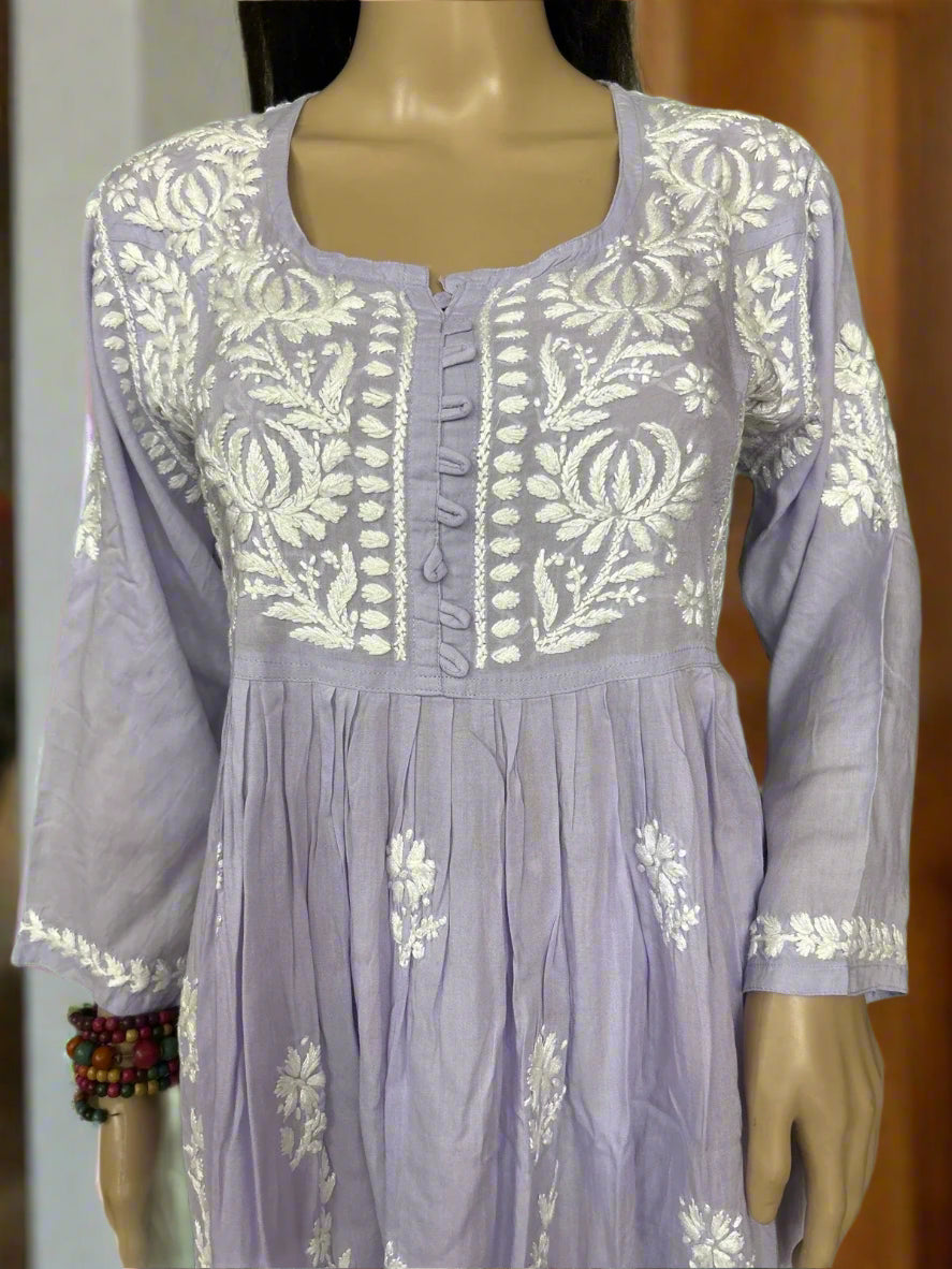 Lucknowi Chikankari Lavender Modal Short Kurti-T000035
