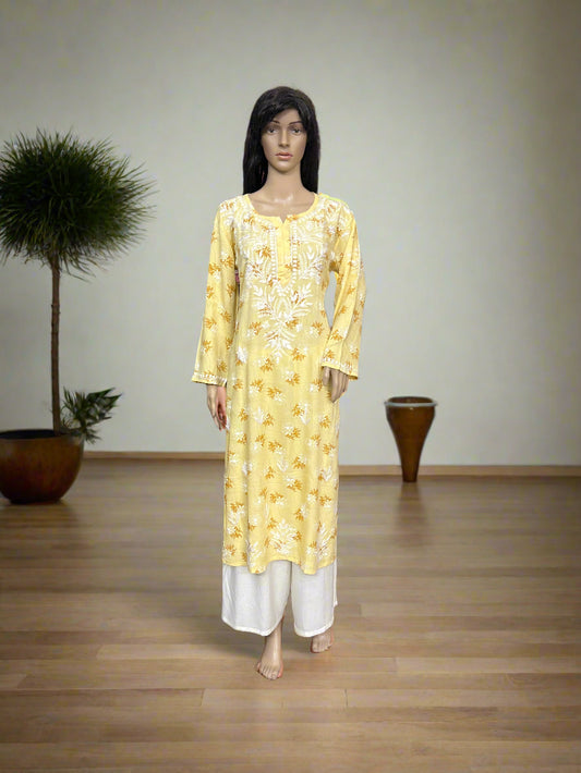 Lucknowi Chikankari Yellow Printed Rayon Kurti-K000076