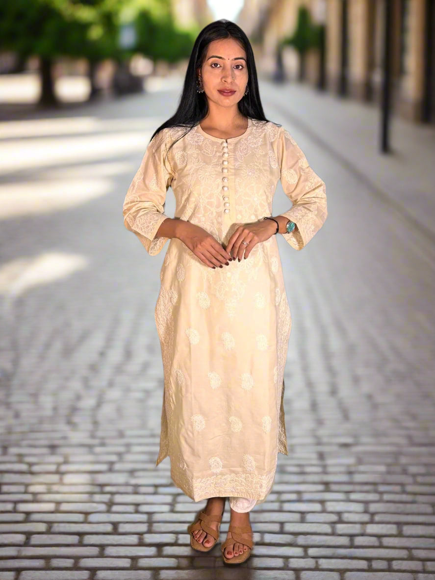Lucknowi Chikankari Fawn 'Harnai Rang' Cotton Kurti-K40095