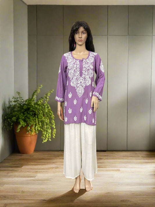 Lucknowi Chikankari Mauve Modal Short Kurti-T000053