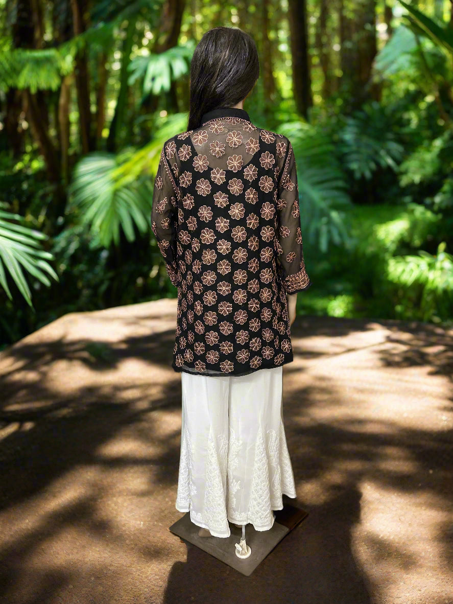 Lucknowi Chikankari Black Georgette Short Kurti-T50007