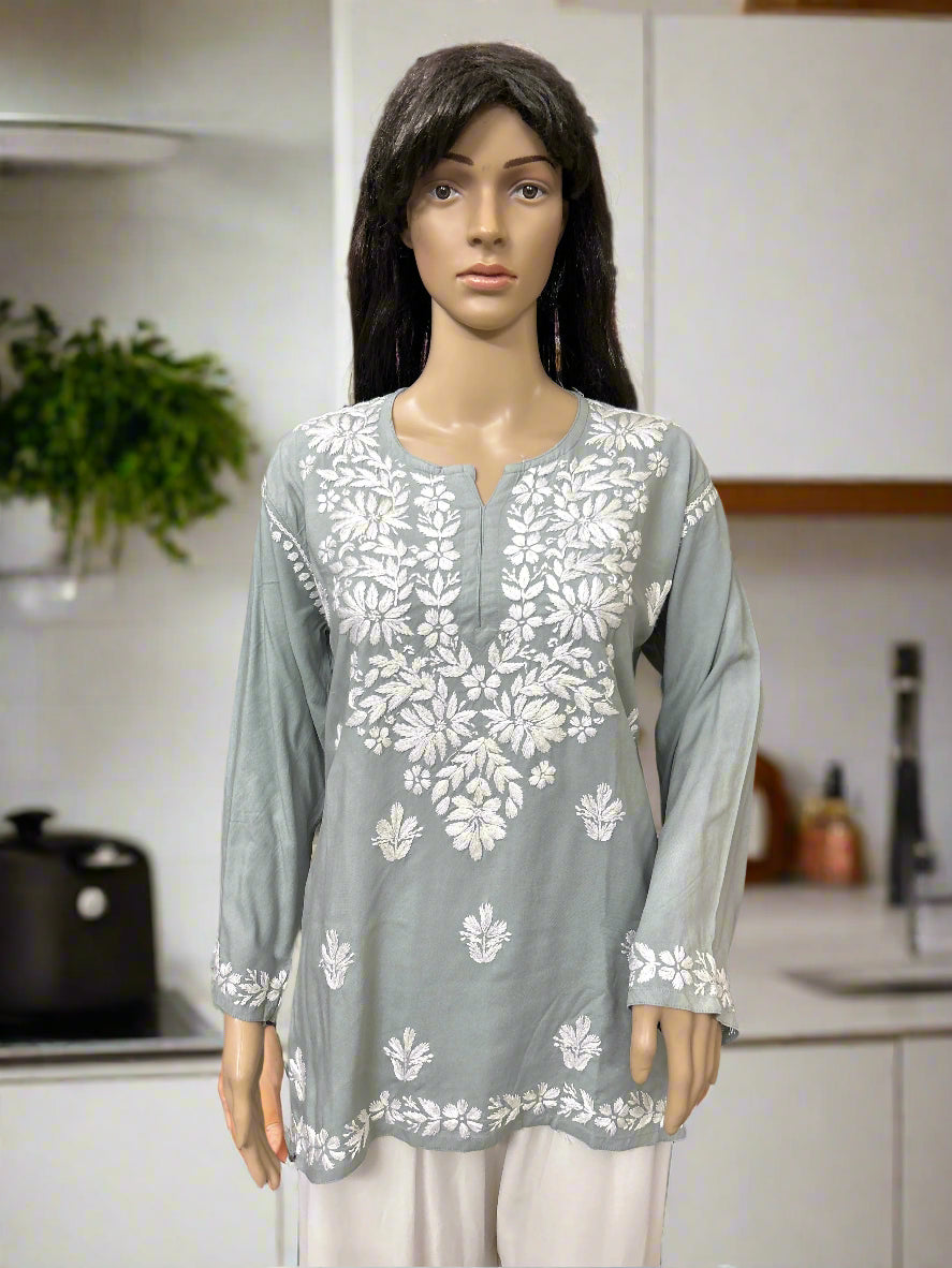 Lucknowi Chikankari Grey Rayon Short Kurti-T50018