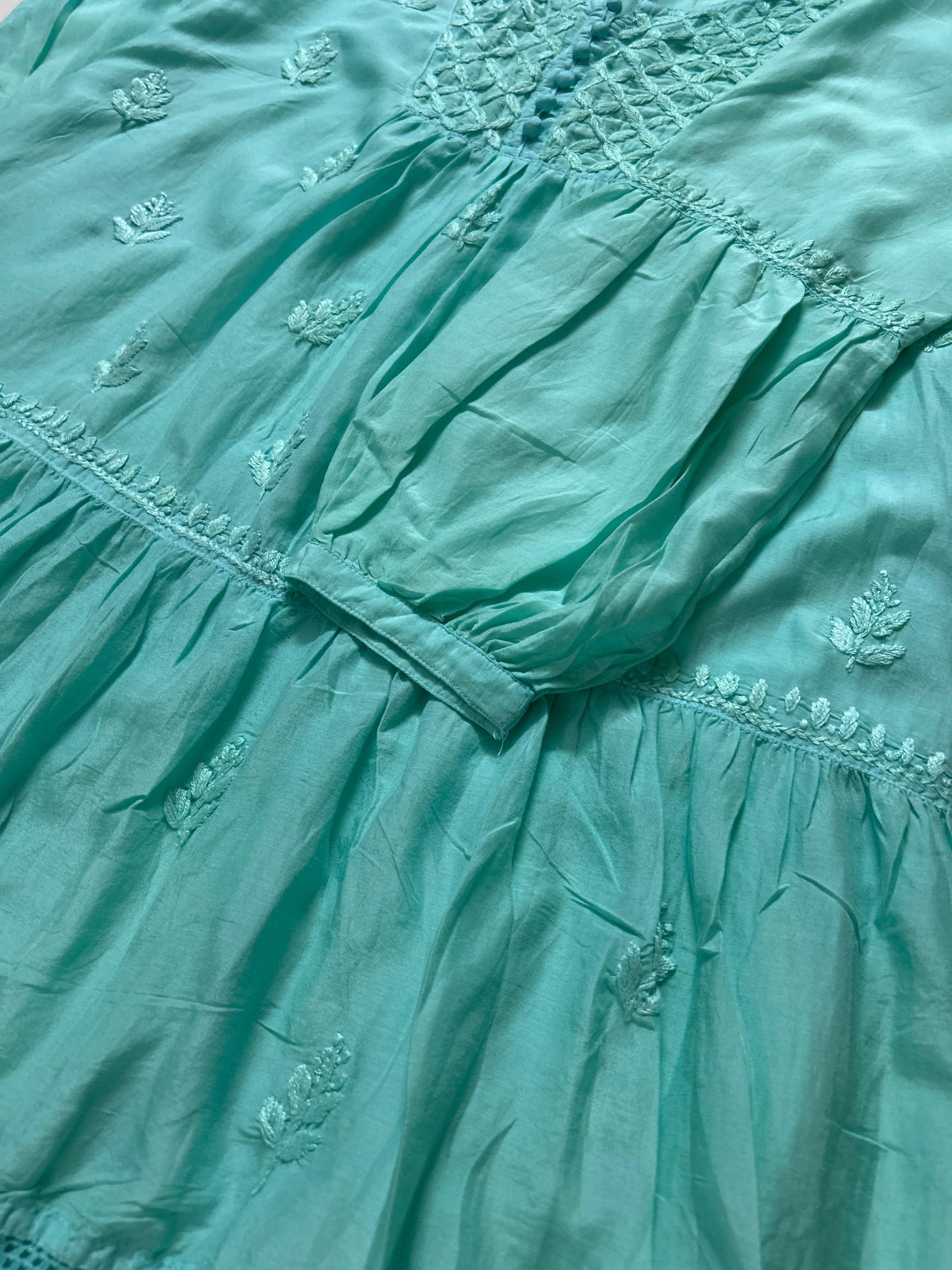 Lucknowi Chikankari Light Teal Muslin Short Kurti-T50023