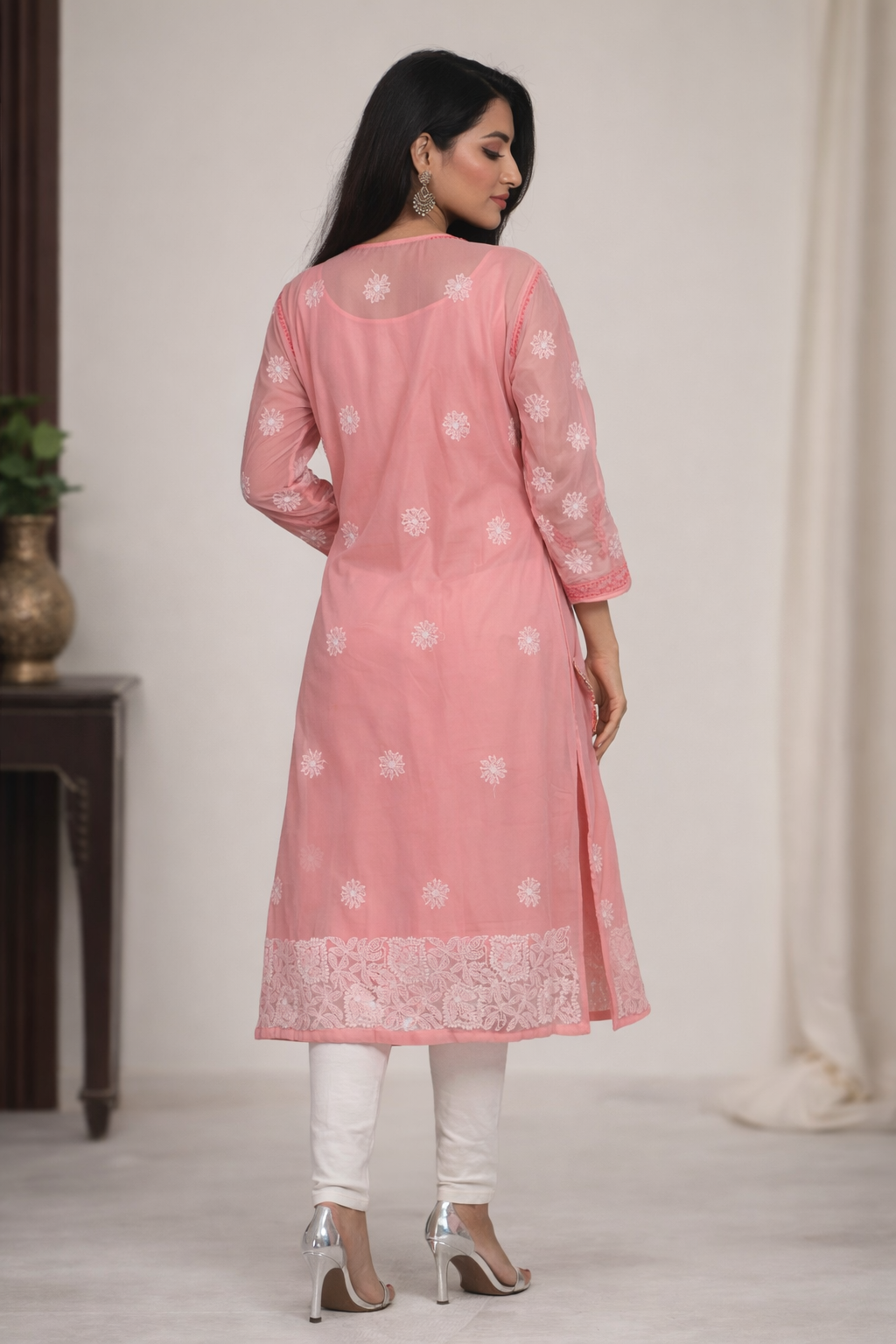 Lucknowi Chikankari Peach 'Aarooi' Georgette Kurti-K40008
