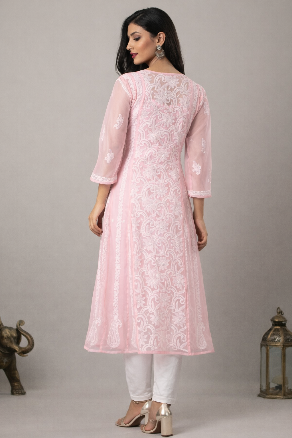 Lucknowi Chikankari Pink 'Shagufta' Georgette Anarkali-K40031