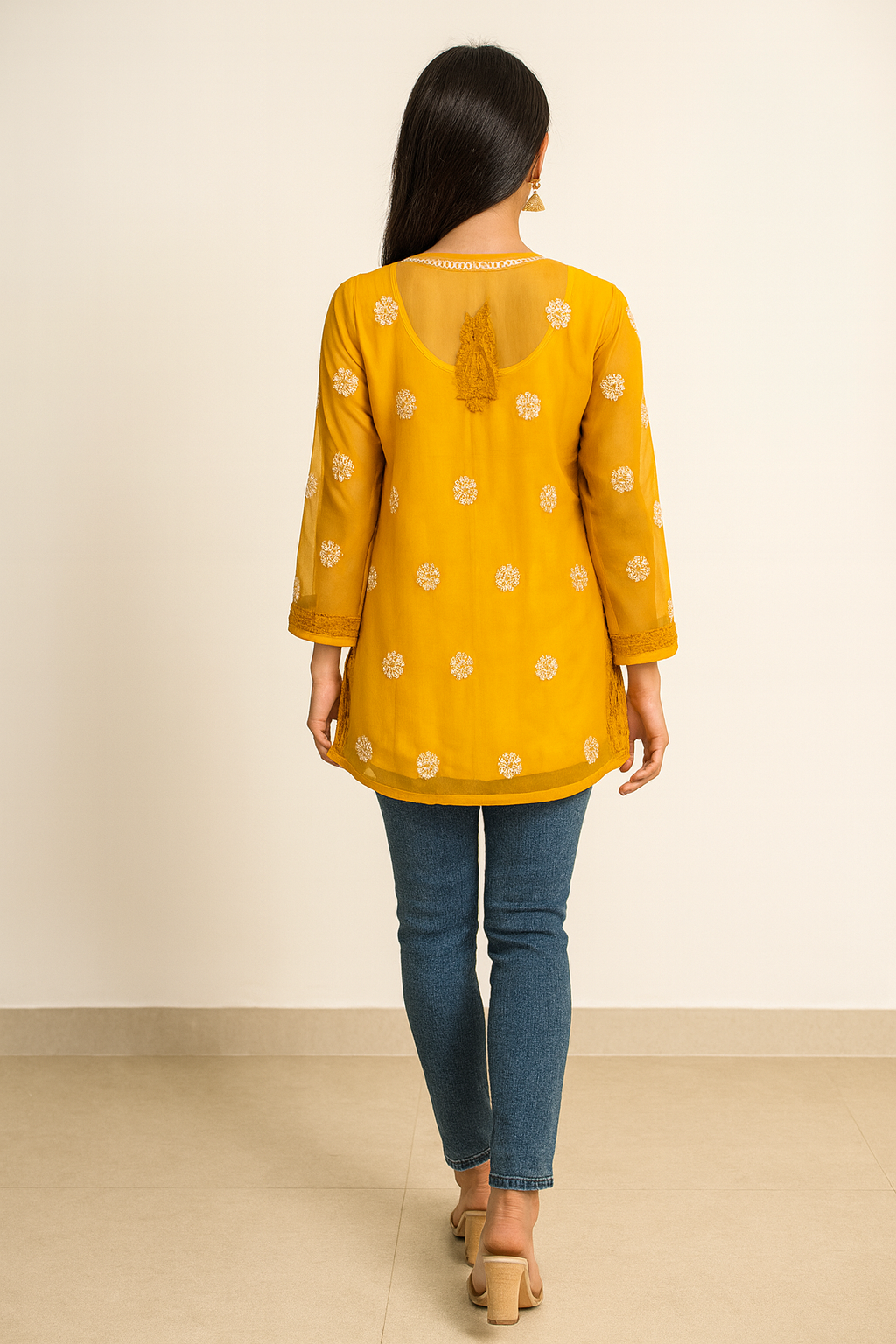 Lucknowi Chikankari Yellow 'Sunehri' Georgette Short Kurti-T30021