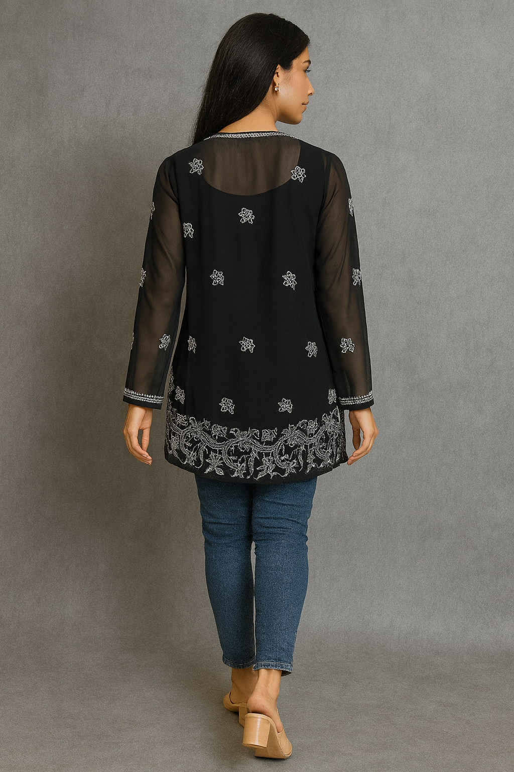 Lucknowi Chikankari Black 'Siah' Georgette Short Kurti-T50030