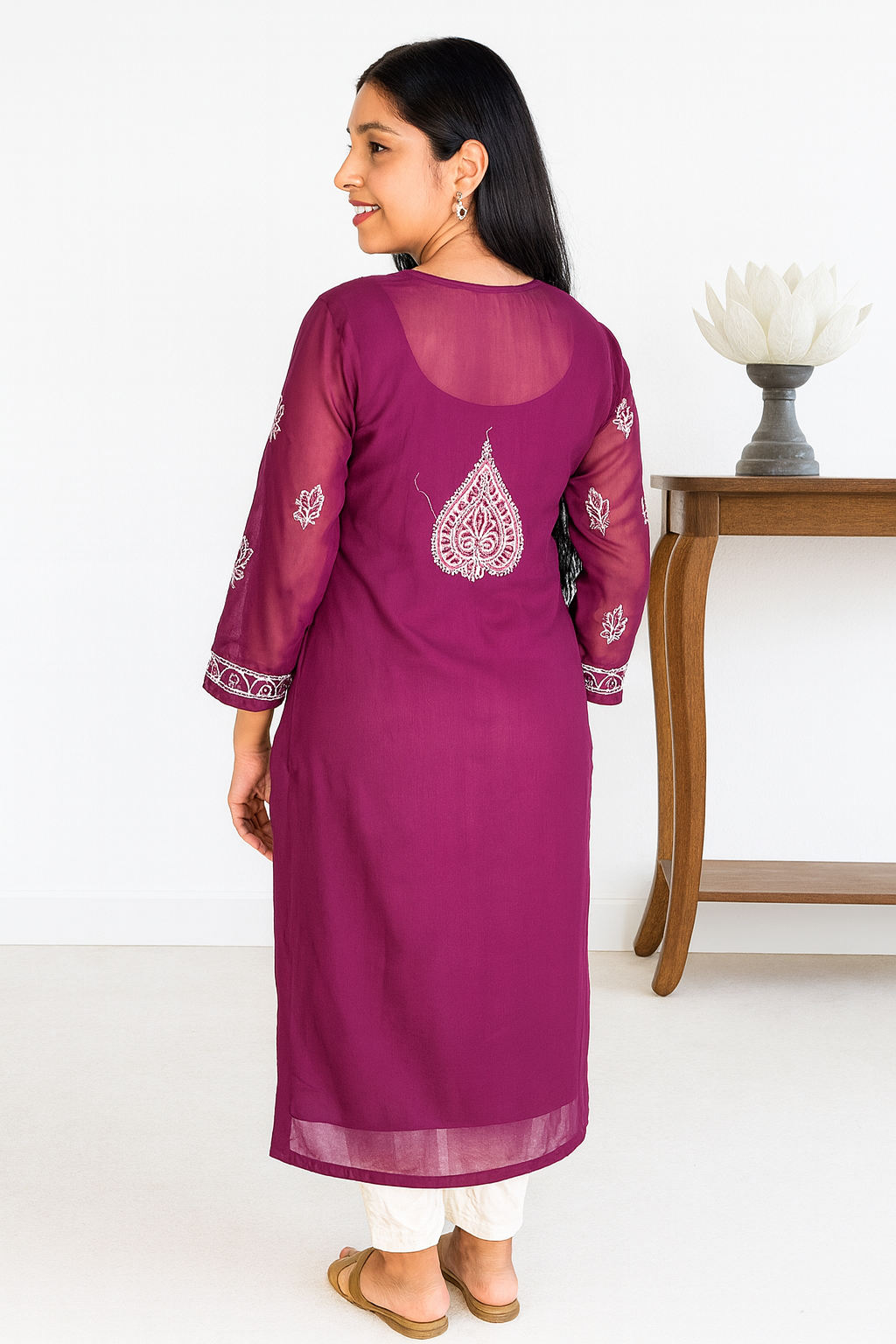 Lucknowi Chikankari Wine 'Jamuni' Georgette Kurti-K000066