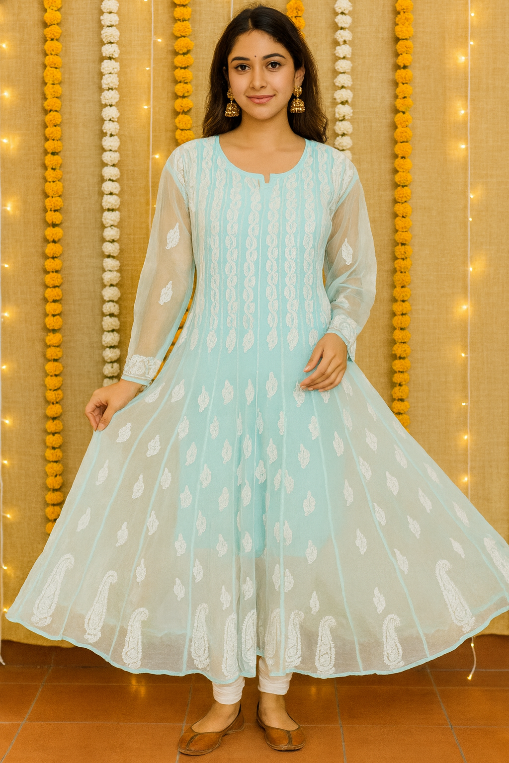 Lucknowi Chikankari Blue 'Aab-e-Asmaan' Georgette Anarkali-PE00055