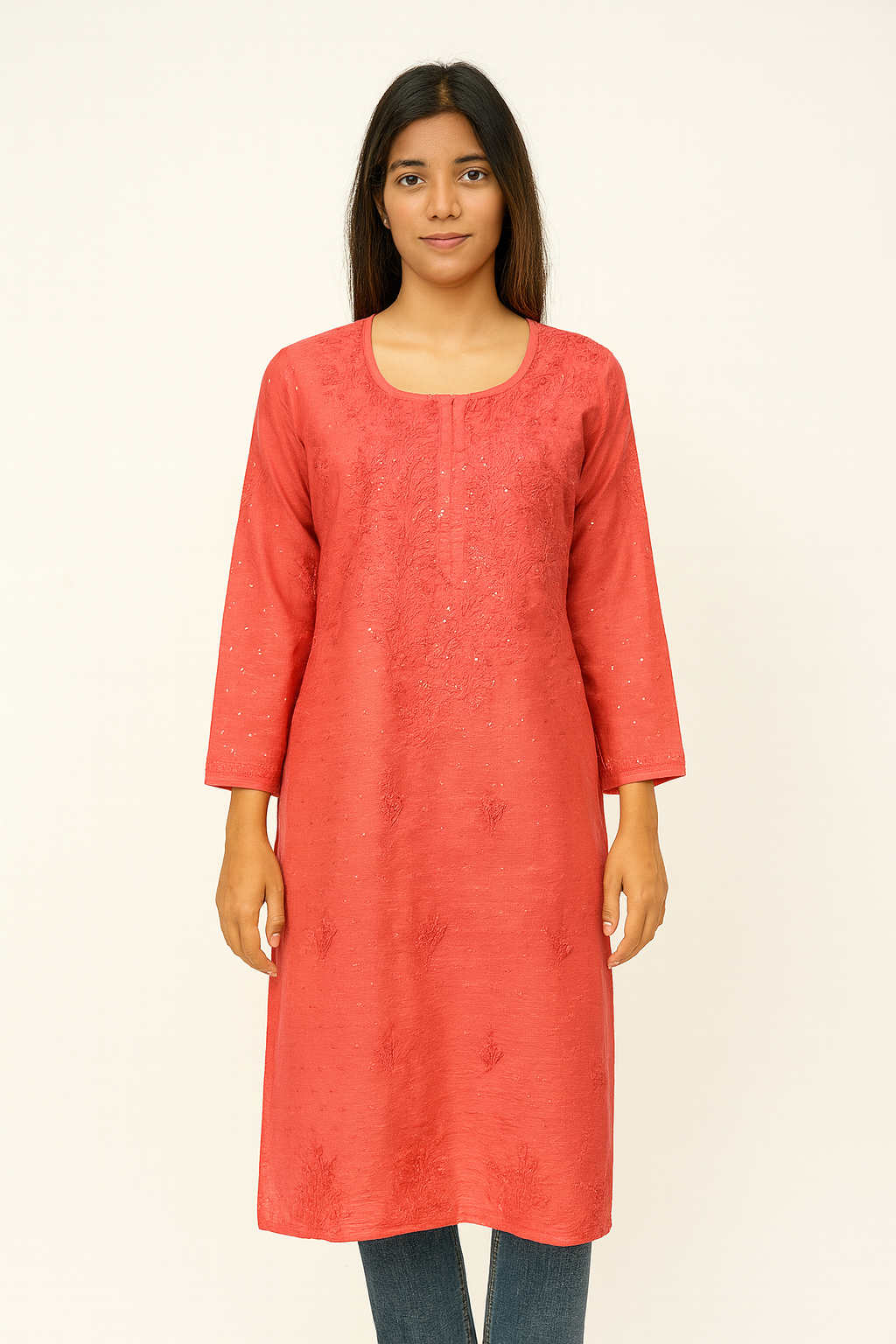 Lucknowi Chikankari Coral Pink 'Shagufta' Chanderi Kurti-K000033