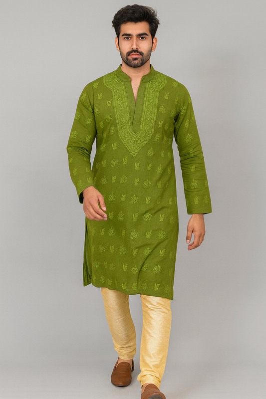 Lucknowi Chikankari Green 'Bahar' Cotton Gents Kurta-GK00002