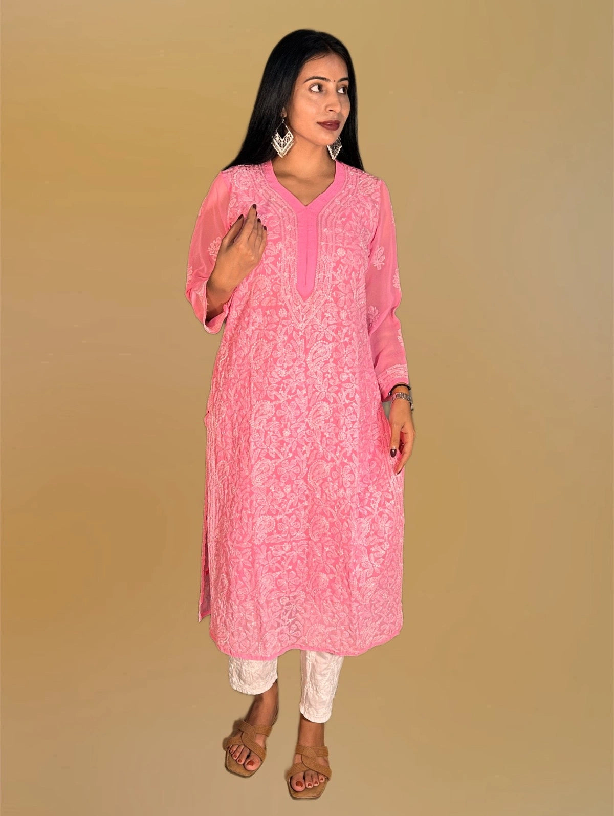 Lucknowi Chikankari Pink 'Shagufta' Georgette Kurti-K000063