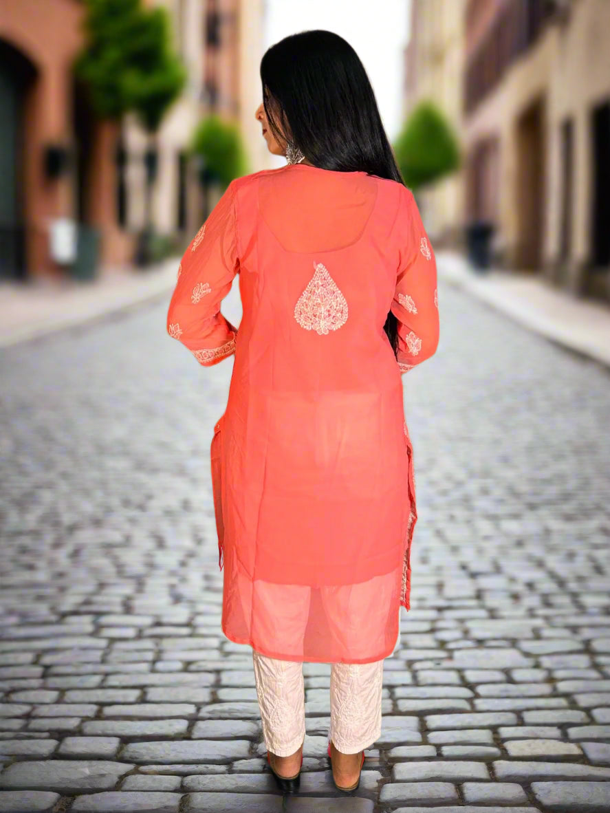 Lucknowi Chikankari Coral Georgette Kurti-K000062