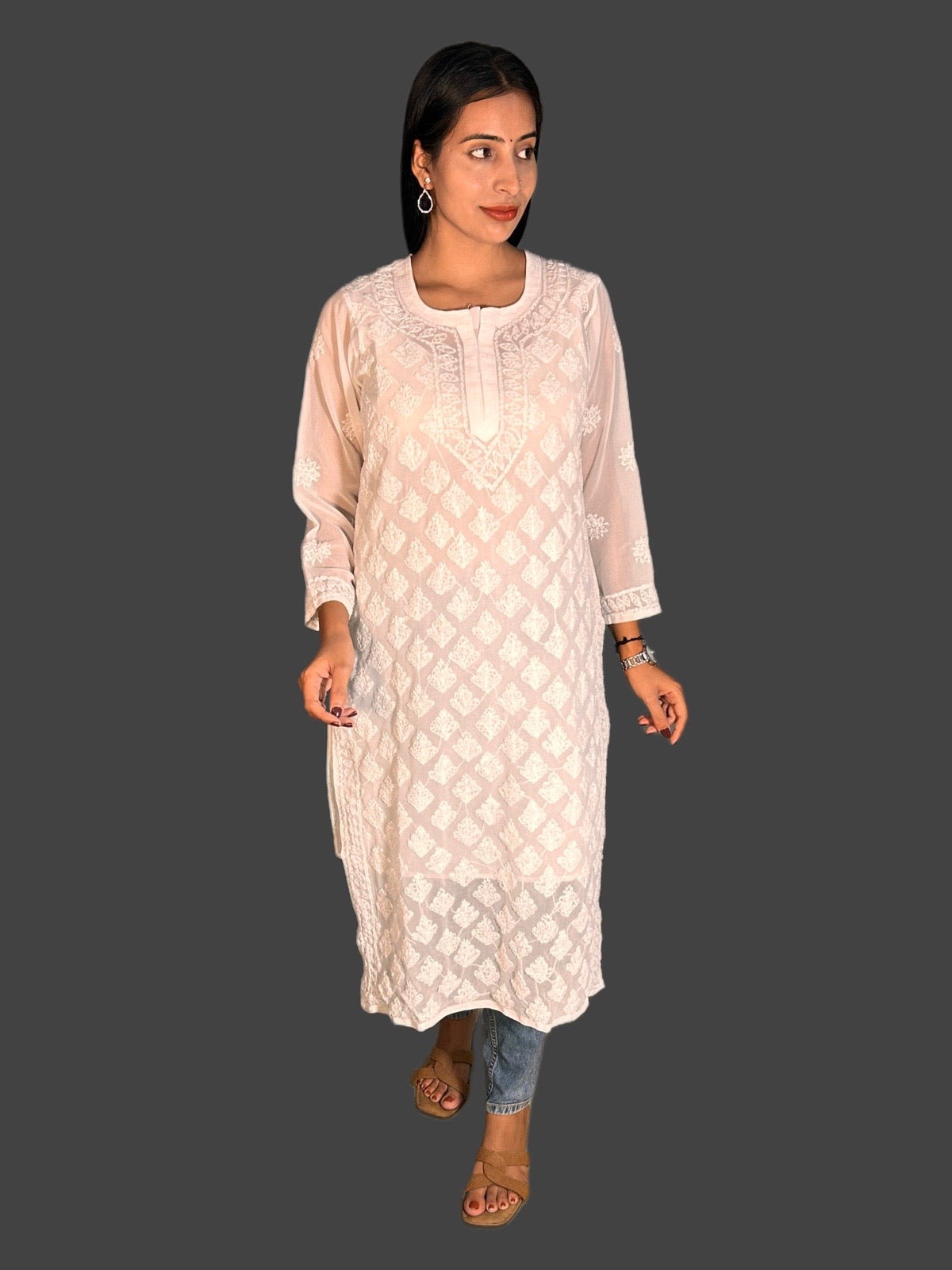 Lucknowi Chikankari White Georgette Kurti-K000043