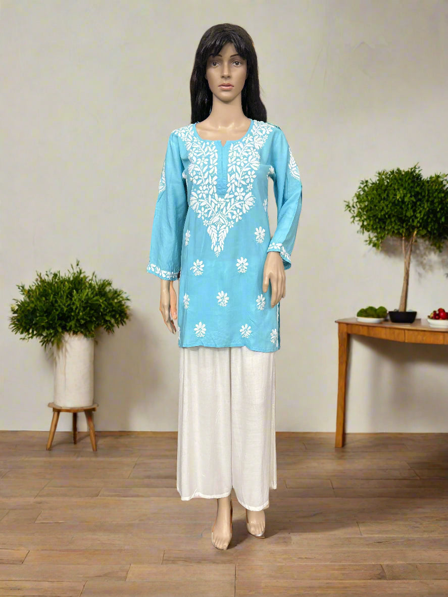 Lucknowi Chikankari Blue 'Aab-e-Asmaan' Modal Short Kurti-T40024