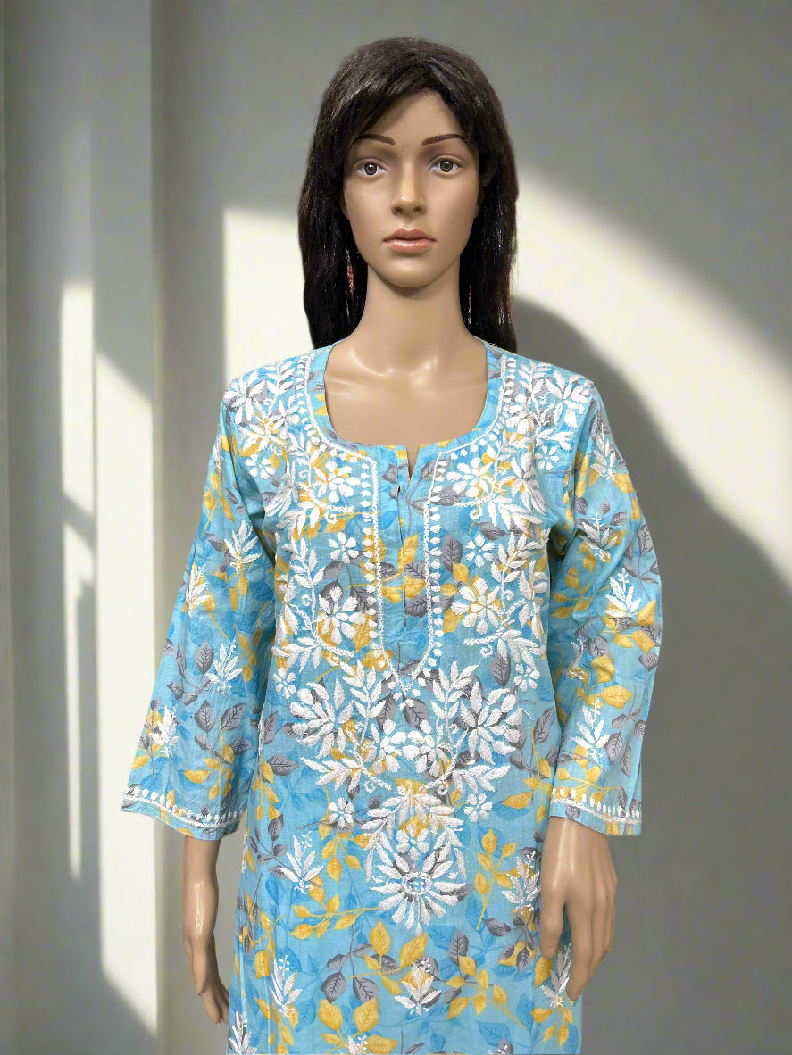 Lucknowi Chikankari Blue Printed Cotton Kurti-K000176