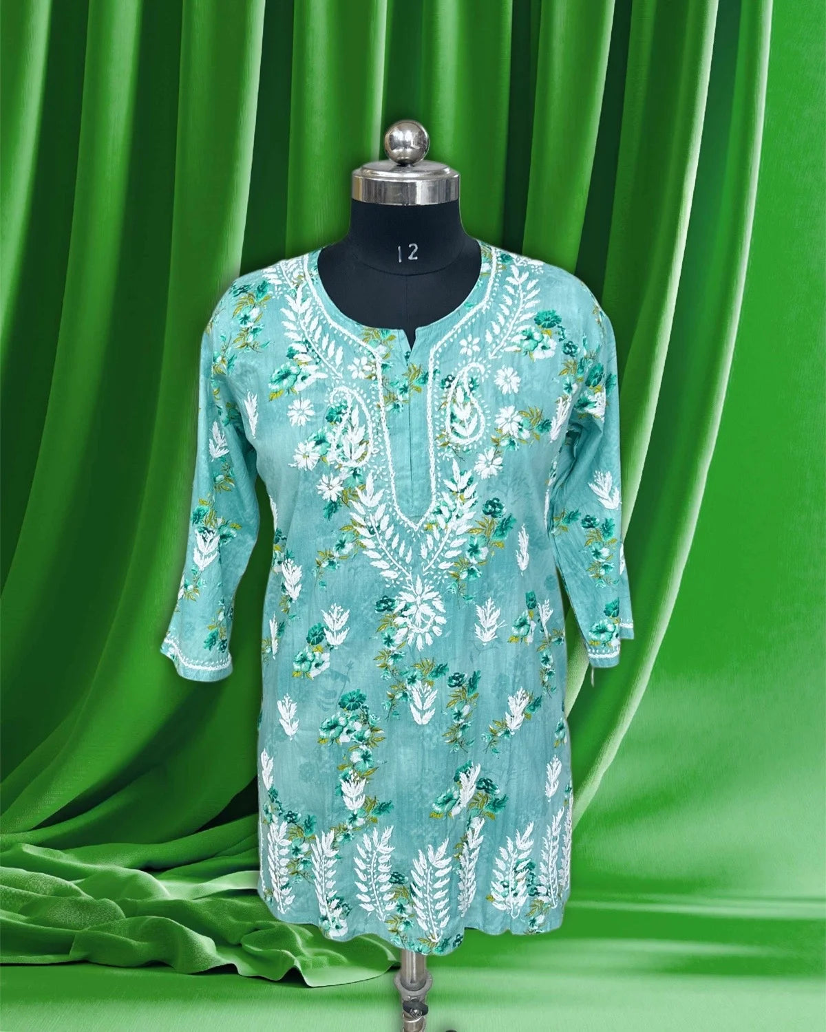 Lucknowi Chikankari Green 'Bahar' Printed Cotton Short Kurti-T000023