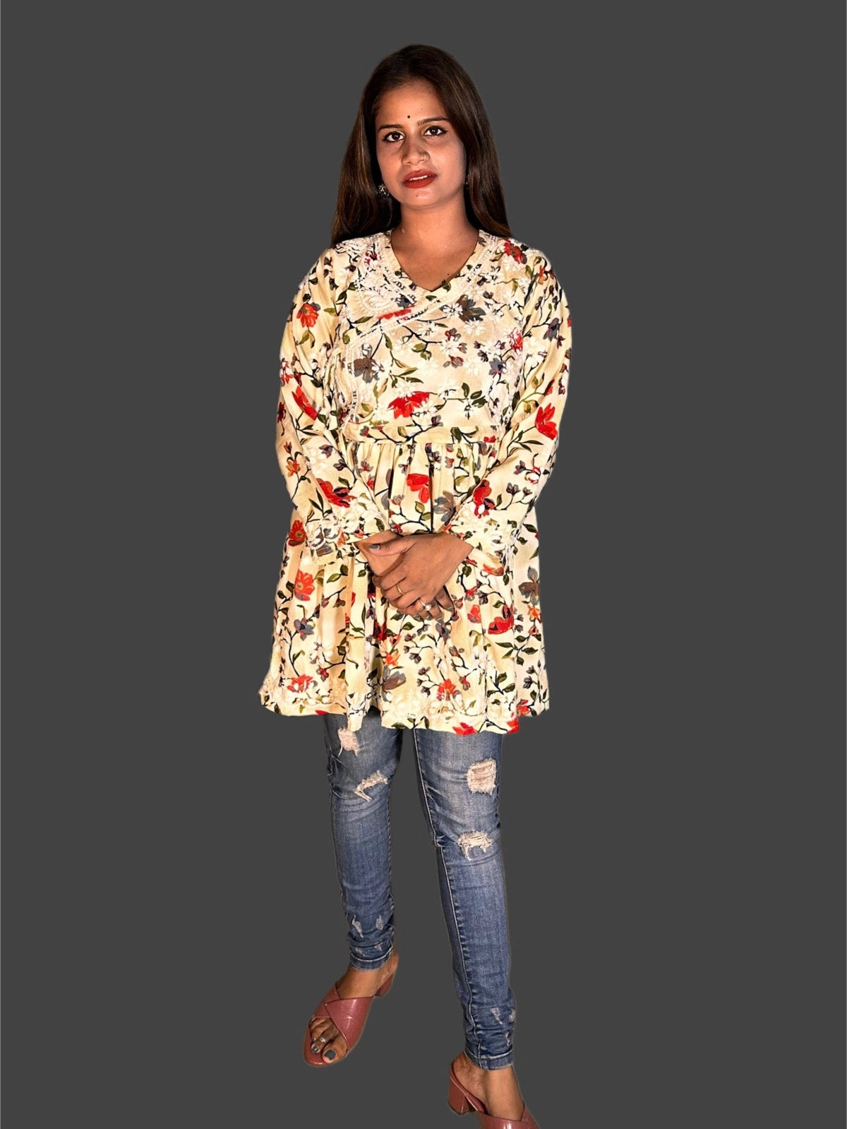 Lucknowi Chikankari Fawn 'Karimi' Printed Cotton Angrakha Styled Short Kurti-T30002