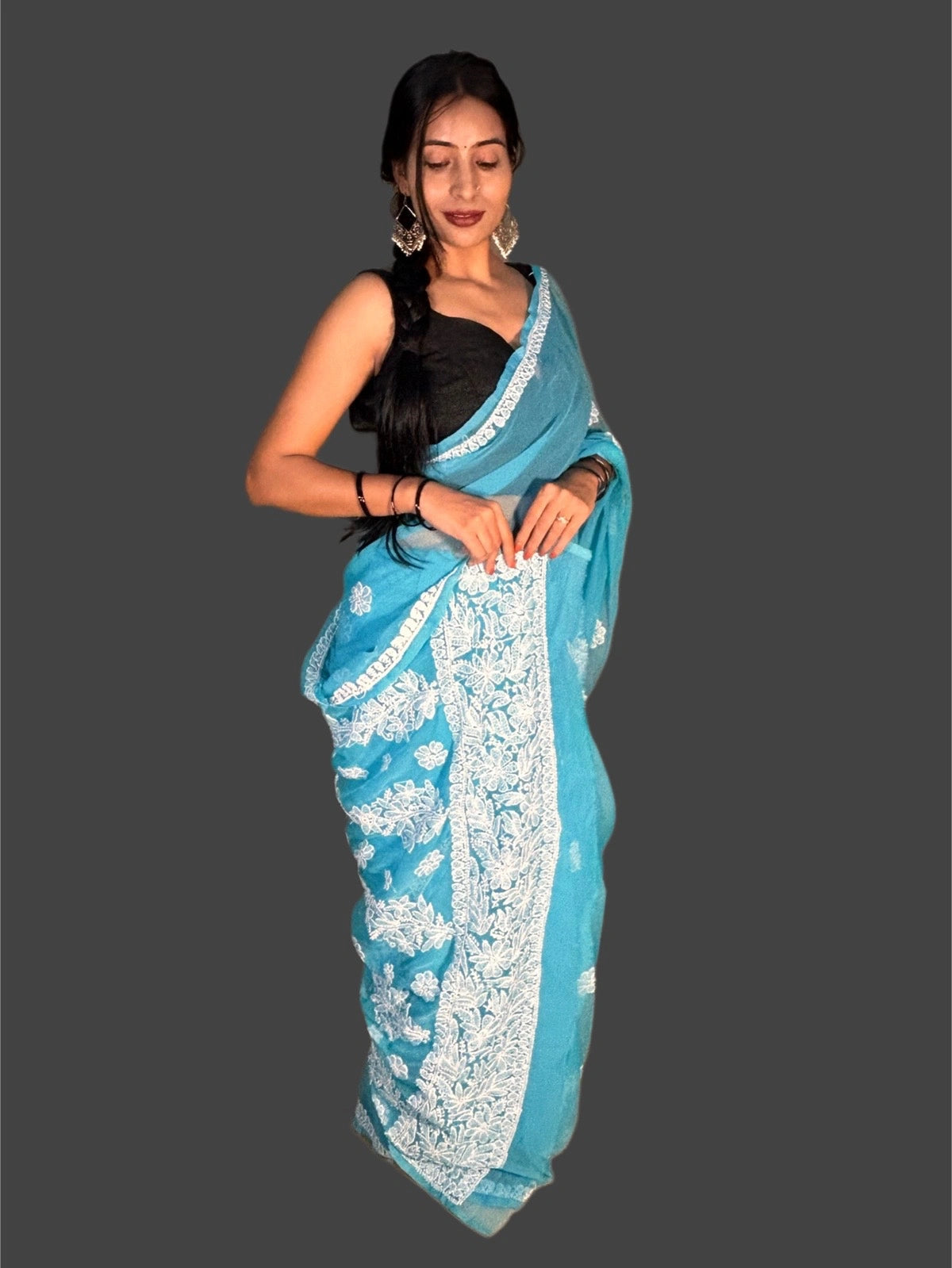 Lucknowi Chikankari Blue Georgette Saree (With Blouse)-S00012