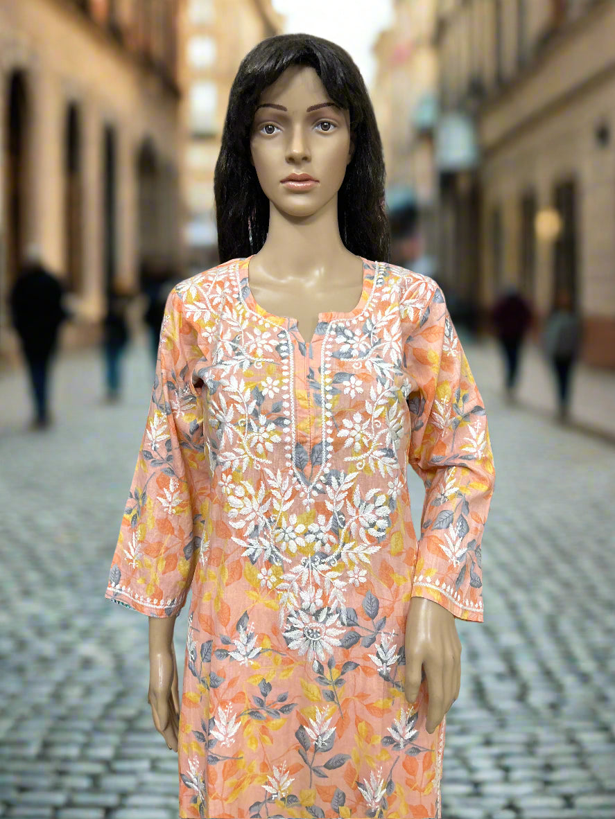 Lucknowi Chikankari Peach Printed Cotton Kurti-K000178