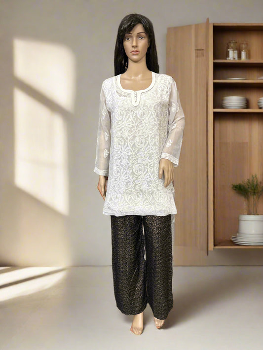 Lucknowi Chikankari White Georgette Short Kurti-T000058