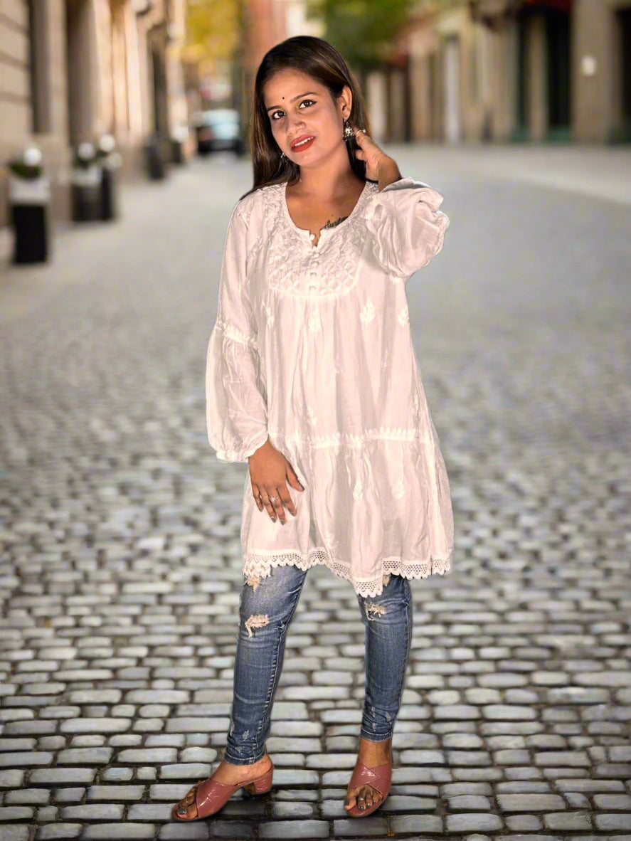 Lucknowi Chikankari White Muslin Short Kurti-T000012