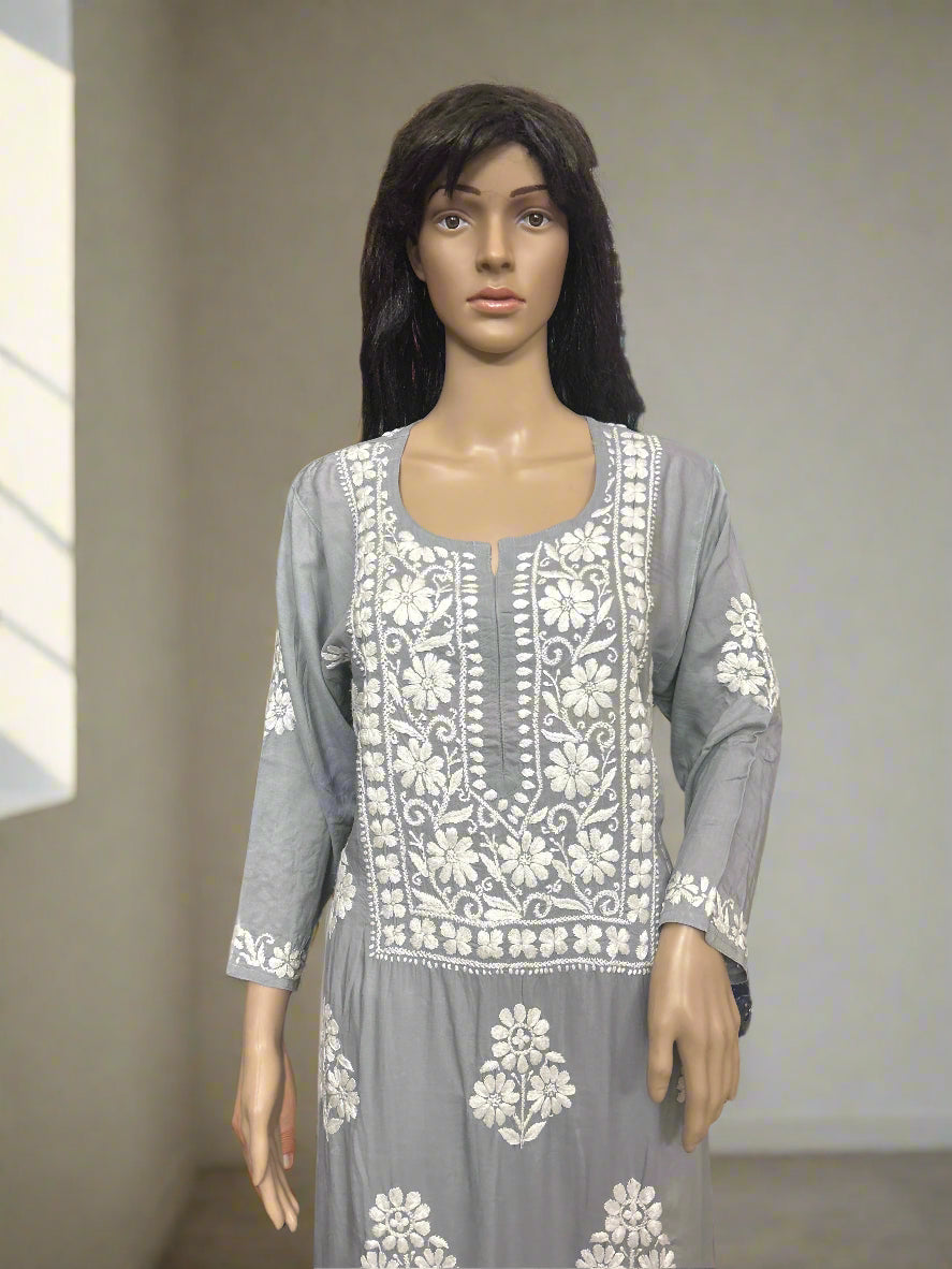 Lucknowi Chikankari Grey 'Dhoondhla' Modal Kurti-K60060