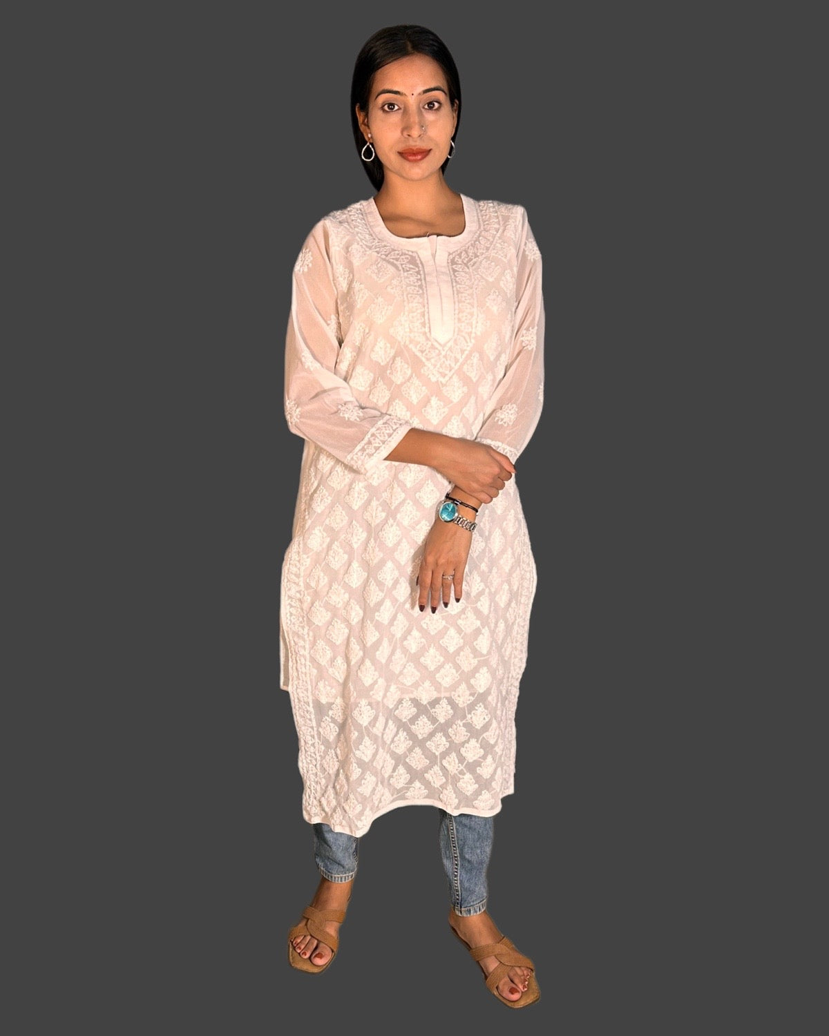 Lucknowi Chikankari White Georgette Kurti-K000043