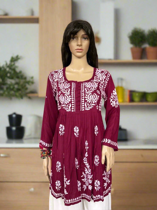 Lucknowi Chikankari Maroon Modal Short Kurti-T000039
