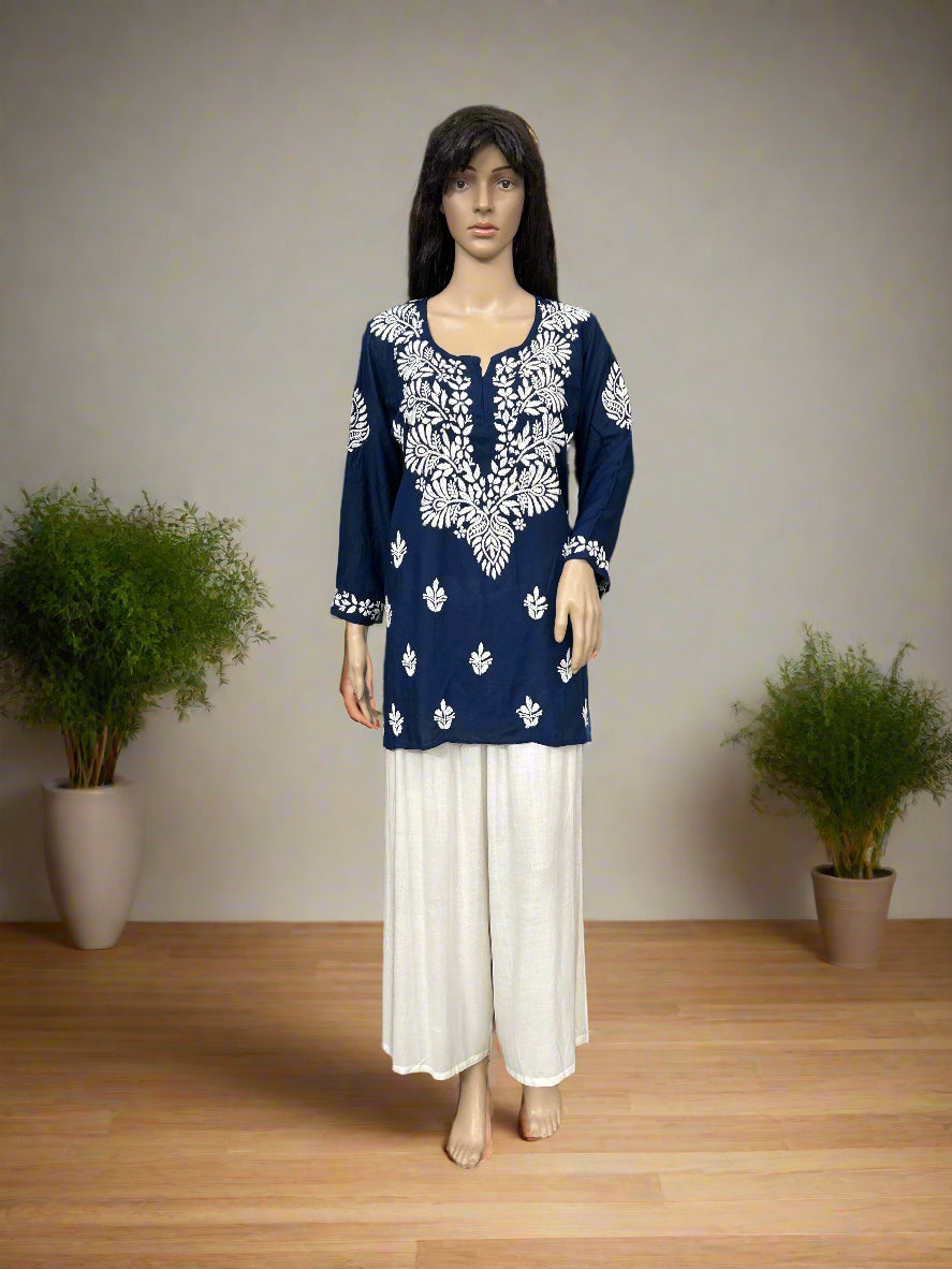 Lucknowi Chikankari Navy Blue Modal Short Kurti-T000046
