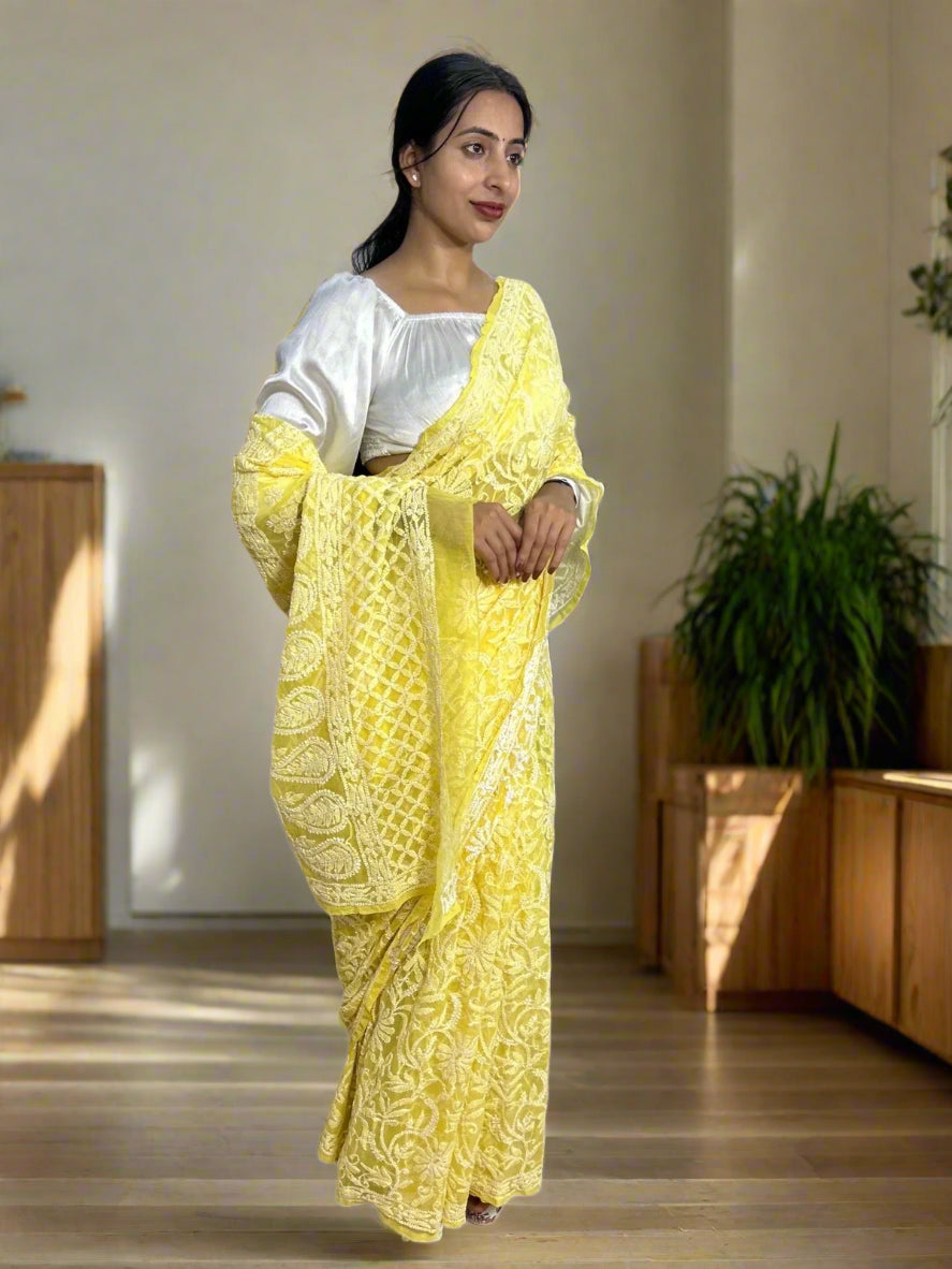 Lucknowi Chikankari Yellow Georgette Saree (With Blouse)-PF100006