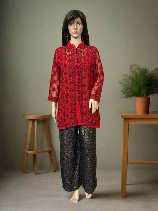 Lucknowi Chikankari Red Georgette Short Kurti-T50015
