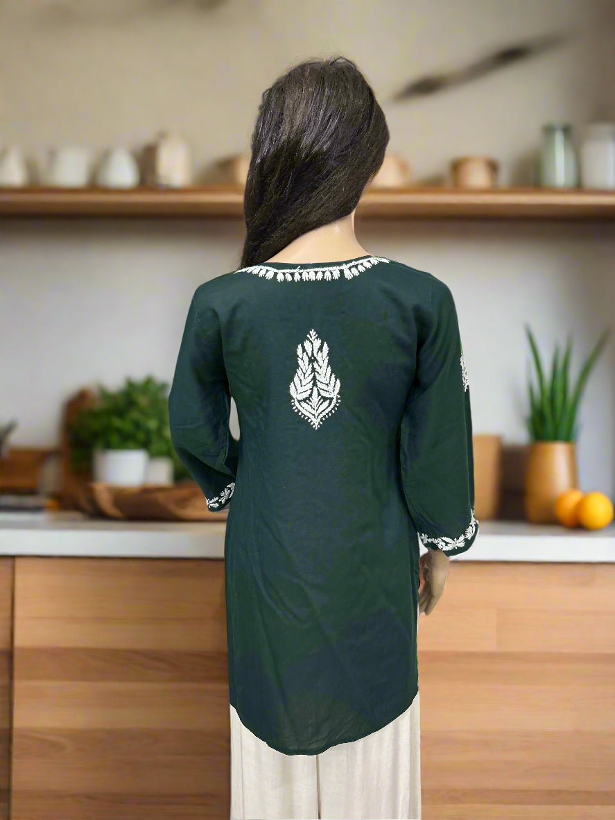 Lucknowi Chikankari Green Modal Short Kurti-T000045