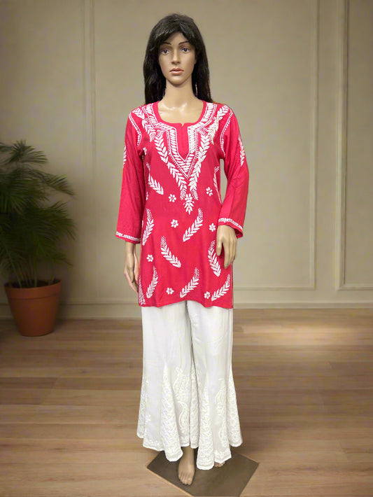 Lucknowi Chikankari Coral Pink Rayon Short Kurti-T2003