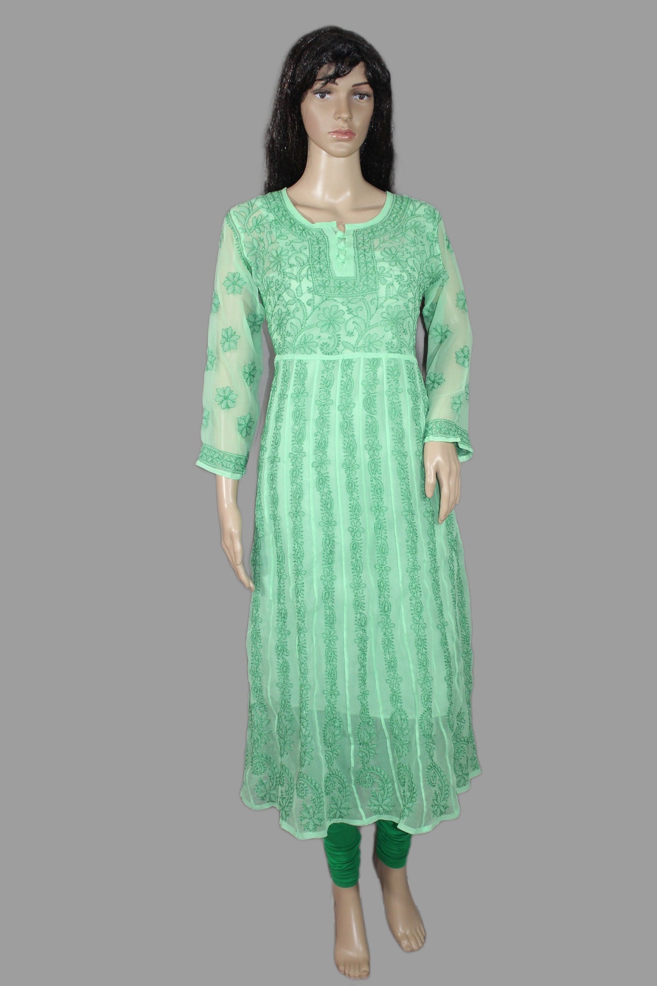 Lucknowi Chikankari Green 'Bahar' Georgette Anarkali-K40038