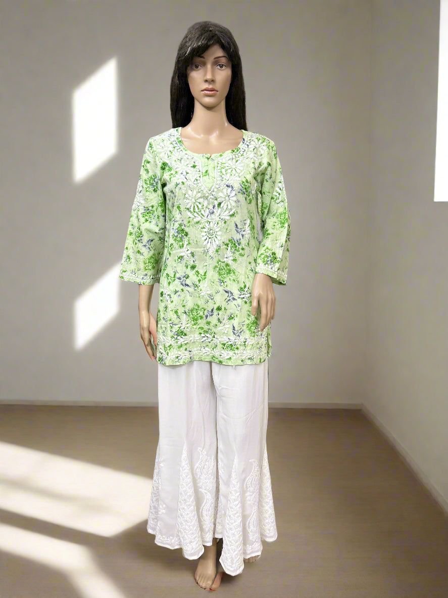 Lucknowi Chikankari Green Printed Cotton Short Kurti-T000080